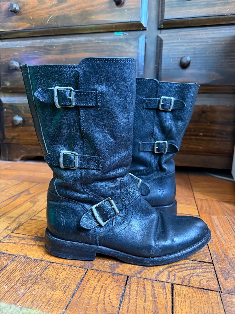 FRYE Moto Black Leather 3-Buckle Jayden Boots, Women 8 EUC